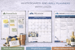 Branded whiteboards and wall planners used in professional office environments