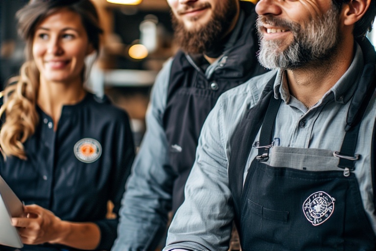Employees Wearing Branded Workwear With Embroidered Logos On Jackets, Aprons, And Shirts