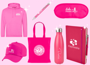 branded promotional items including notebooks, water bottles, pens, and tote bags