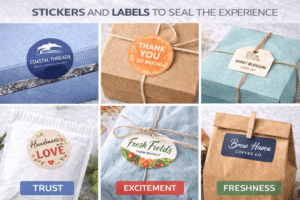 Packaging seal stickers and labels used to complete branded unboxing experiences