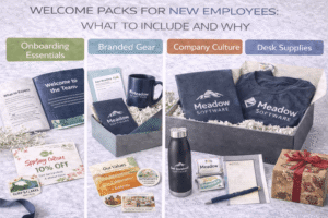 Employee welcome packs with branded stationery and onboarding materials