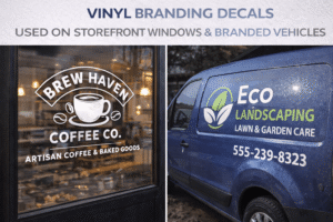 Vinyl branding decals used on storefront windows and branded vehicles