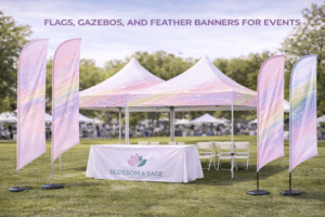 Events tent with promotional banners.