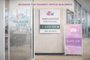 Shared office signage used for wayfinding and tenant identification