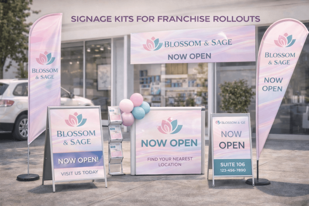 Franchise signage kits used for consistent multi-location branding