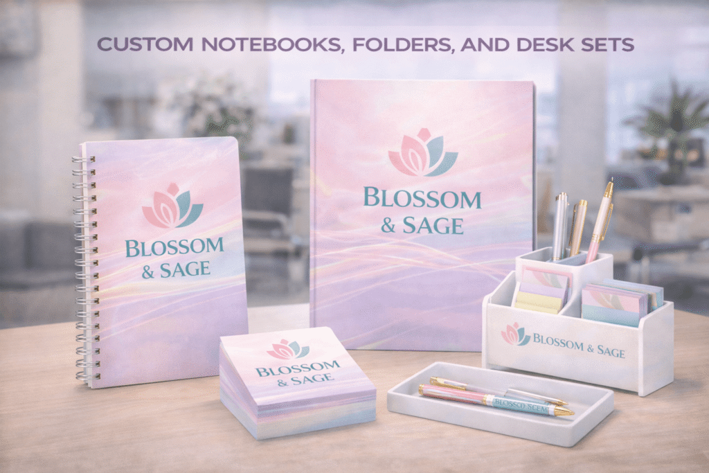 Custom office stationery including notebooks, folders, and desk sets