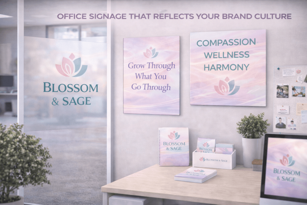 Office brand culture signage used in internal workspaces