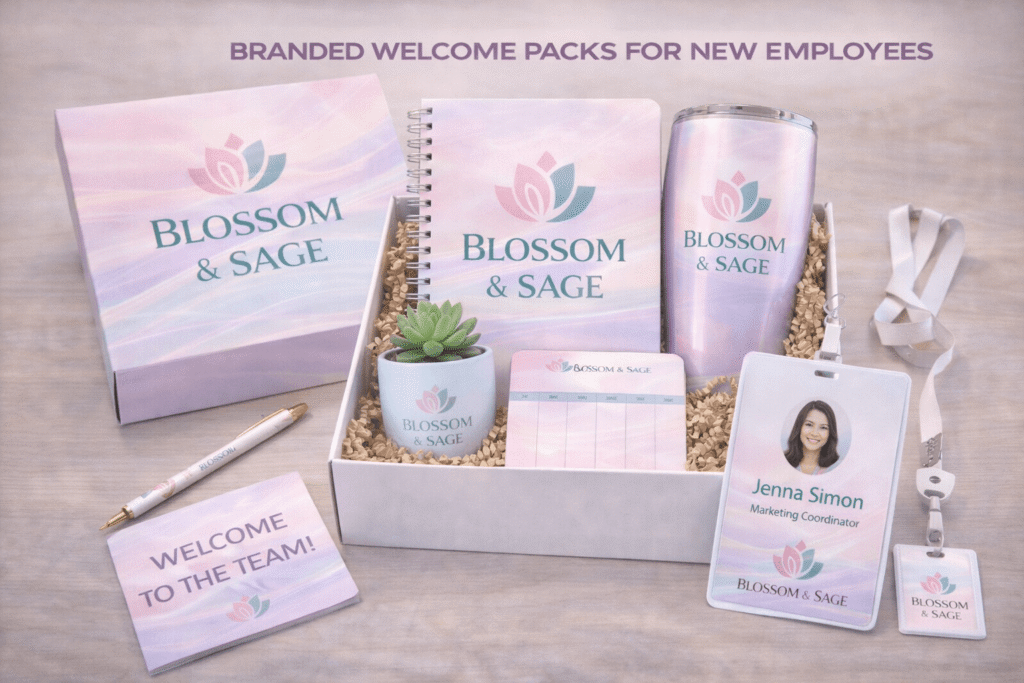 Employees welcome packs with branded stationery and onboarding materials