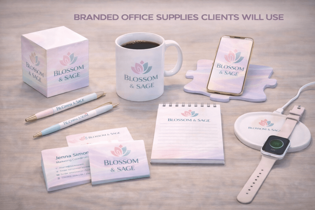Branded office supplies designed for everyday client use
